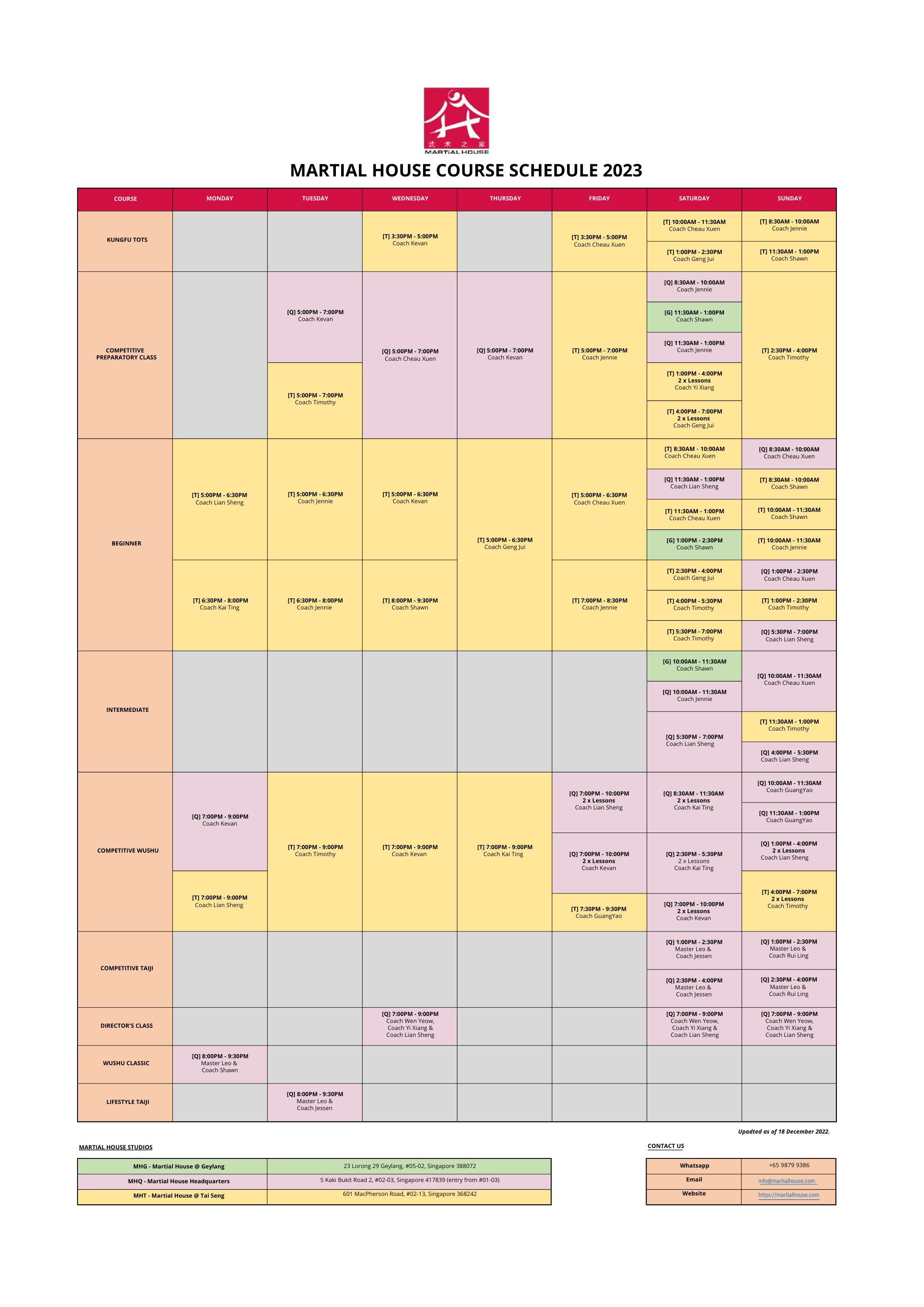 Martial House Course Schedule